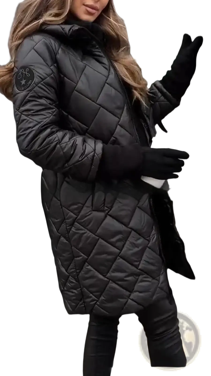 Women’s hooded quilted black puffer coat with a quilted design and circular logo patch on the left sleeve