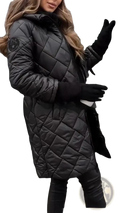 Women’s hooded quilted black puffer coat with a quilted design and circular logo patch on the left sleeve