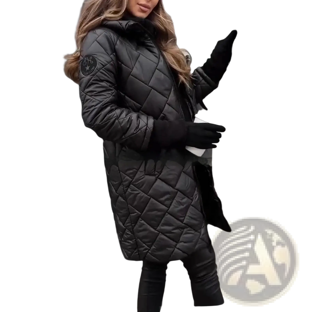Black quilted puffer coat for women with hood and star patch on sleeve made from insulated material for cold weather