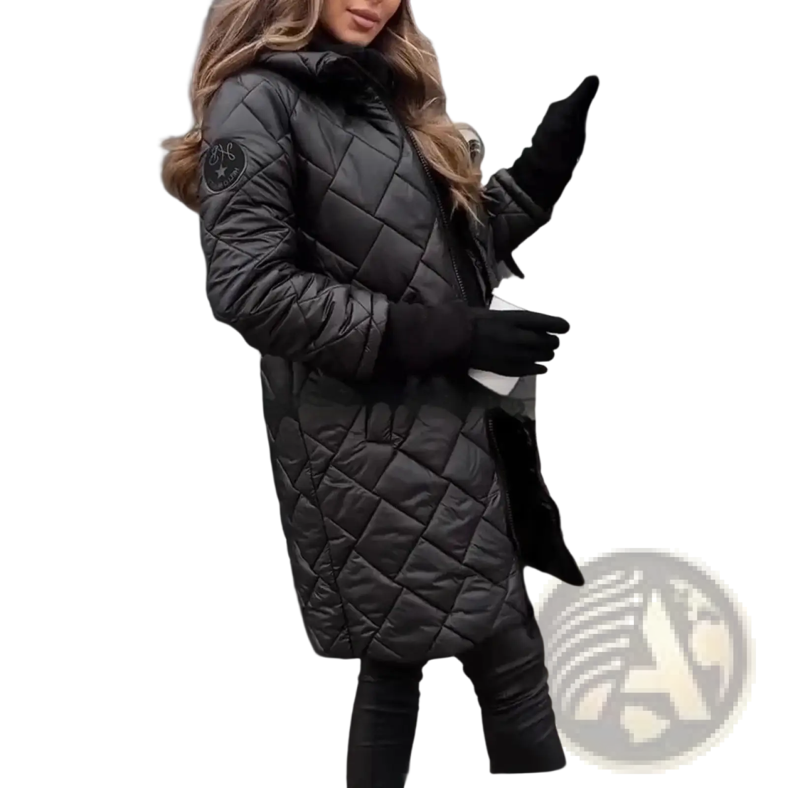 Black quilted puffer coat for women with hood and star patch on sleeve made from insulated material for cold weather