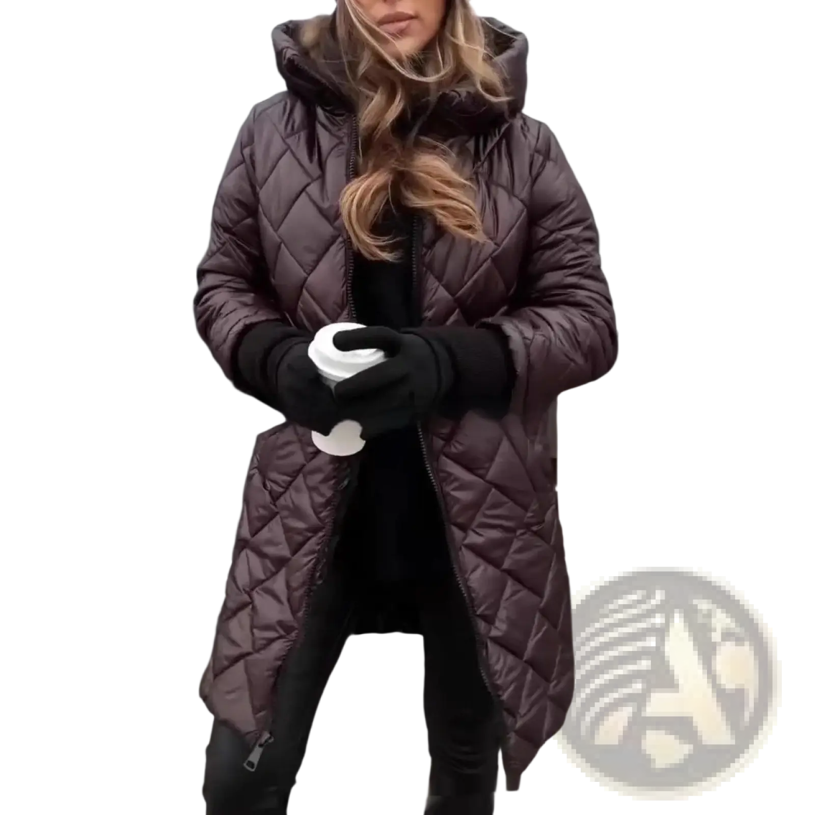 Woman wearing a long quilted brown hooded puffer coat paired with black gloves for cold weather protection