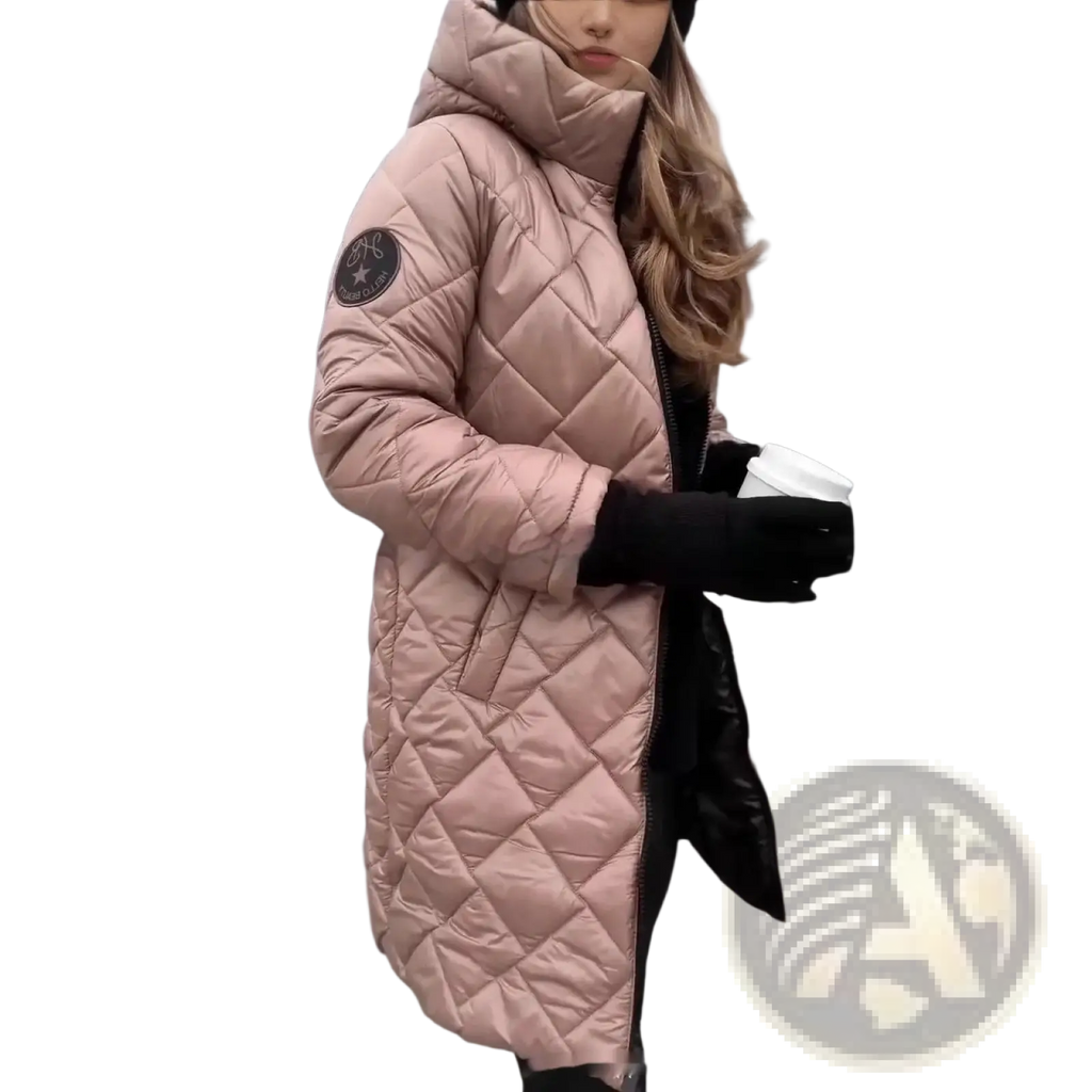 Women’s long quilted pink puffer coat with high collar and black zipper accents for cold weather wear