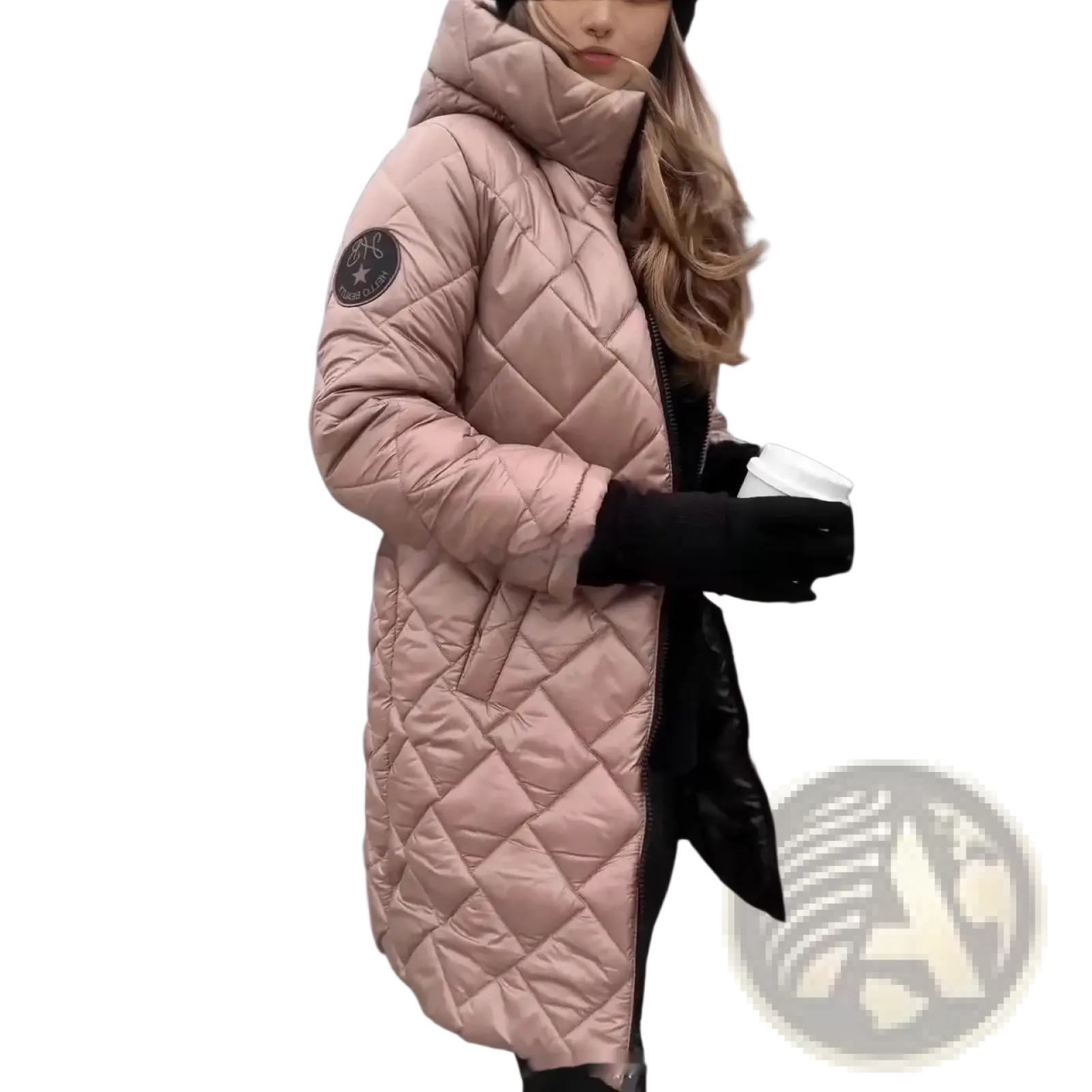 Women’s long quilted pink puffer coat with high collar and black zipper accents for cold weather wear