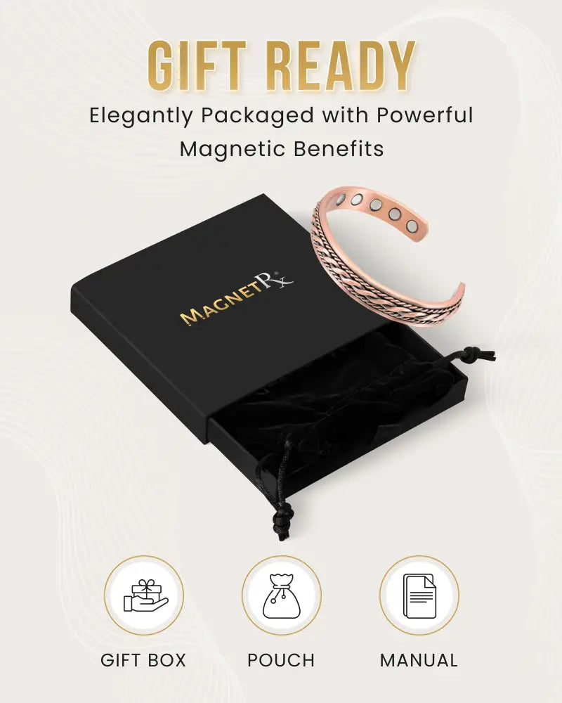 Women’s copper magnetic therapy braided bangle bracelet in rose gold with four circular magnets embedded