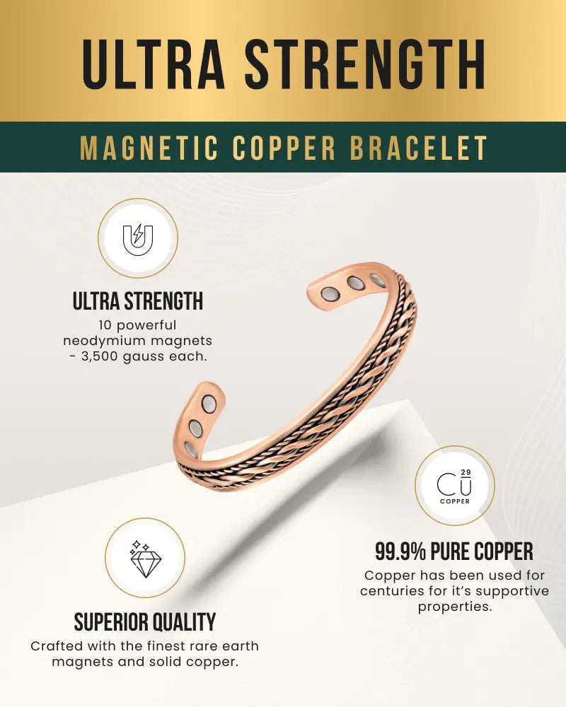 Rose gold magnetic copper bracelet with braided design and ten neodymium magnets for women’s therapy use