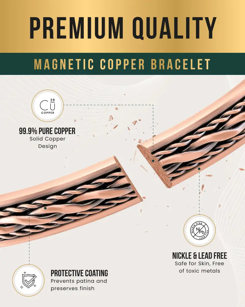 Women’s copper magnetic therapy braided bangle bracelet with polished warm metallic finish and intricate woven texture