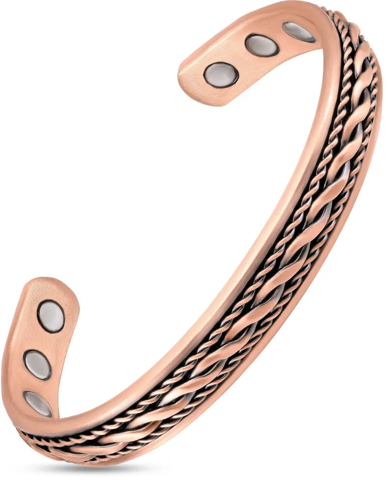 Women’s copper magnetic therapy braided bangle bracelet in rose gold tone with intricate braided copper wire and circular magnets