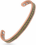 Two-tone braided copper magnetic therapy bracelet featuring copper tone with gold and silver braided metal strands