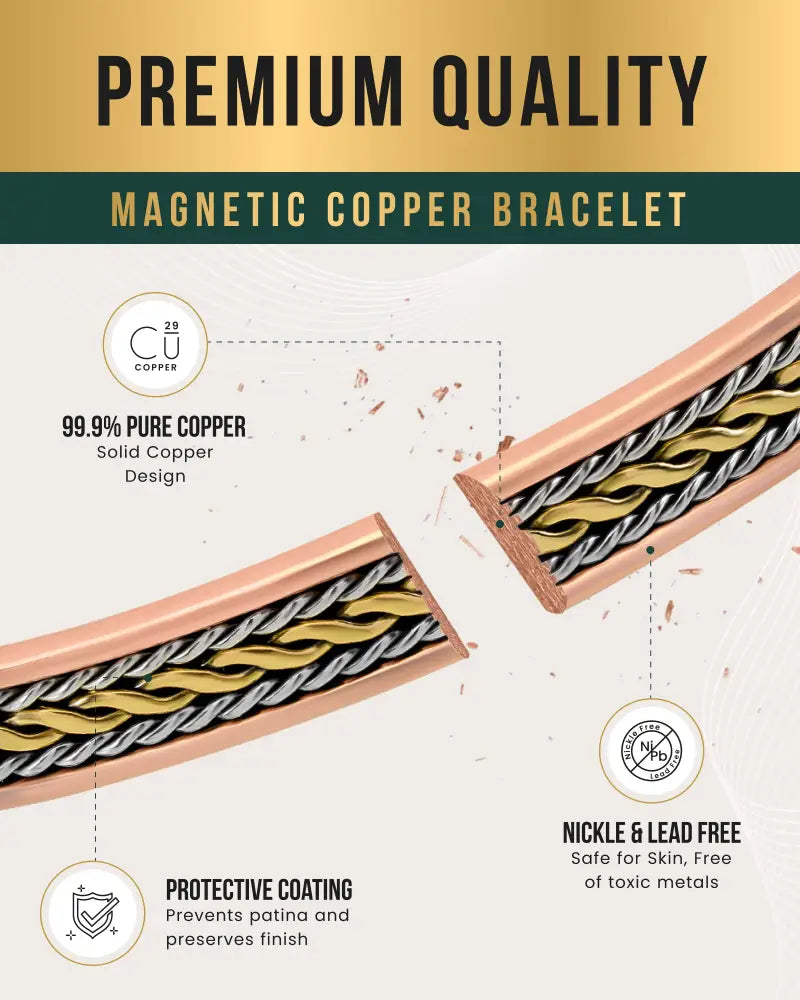 Two-tone braided copper magnetic therapy bracelet with gold and silver-toned strands made of 99.9% pure copper