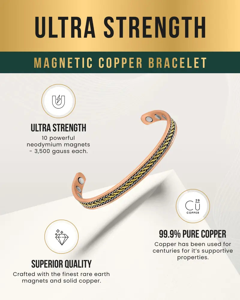 Two-tone braided copper magnetic therapy bracelet in black and gold with 10 powerful neodymium magnets