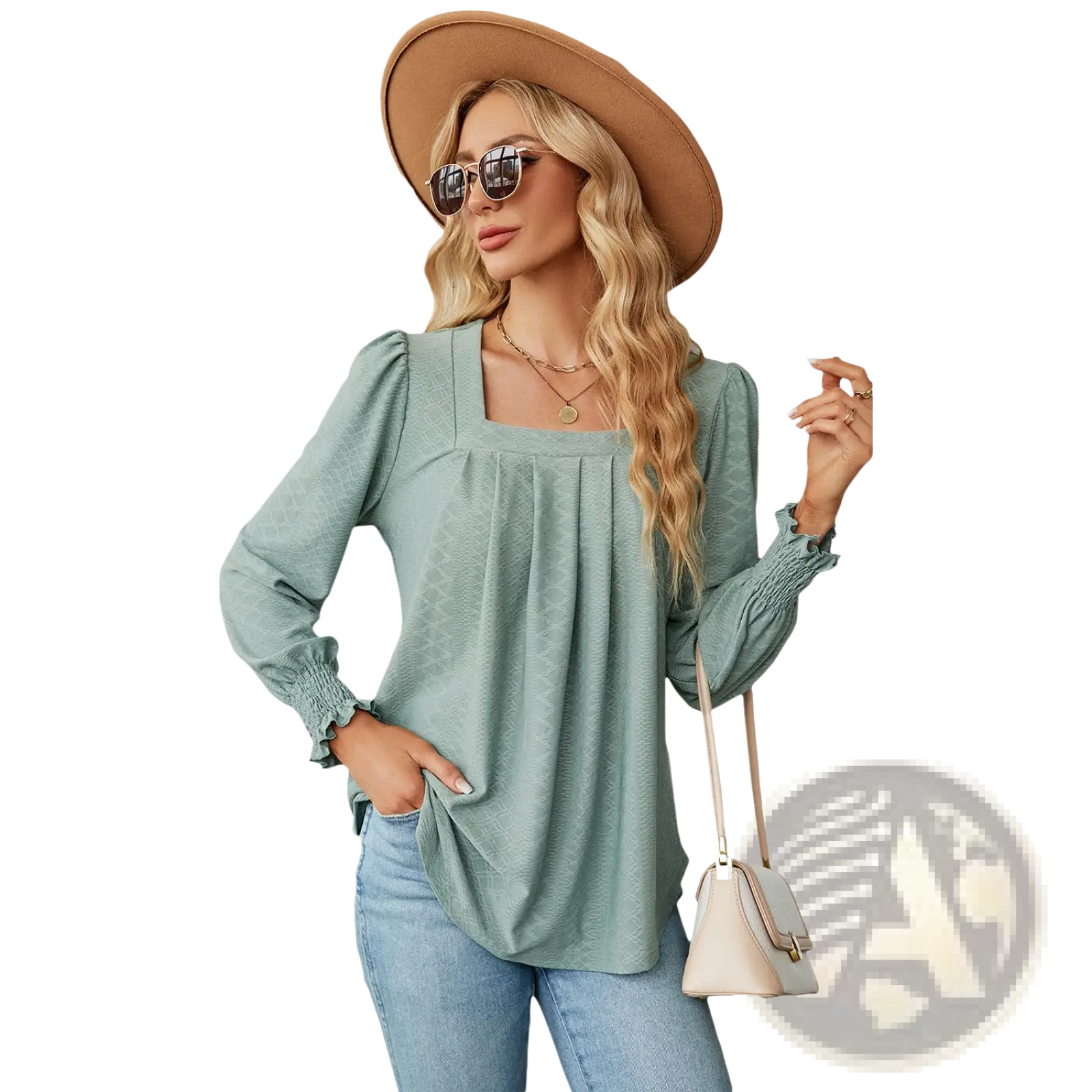 Women’s soft sage green jacquard long-sleeved blouse with square neckline and gathered cuffs