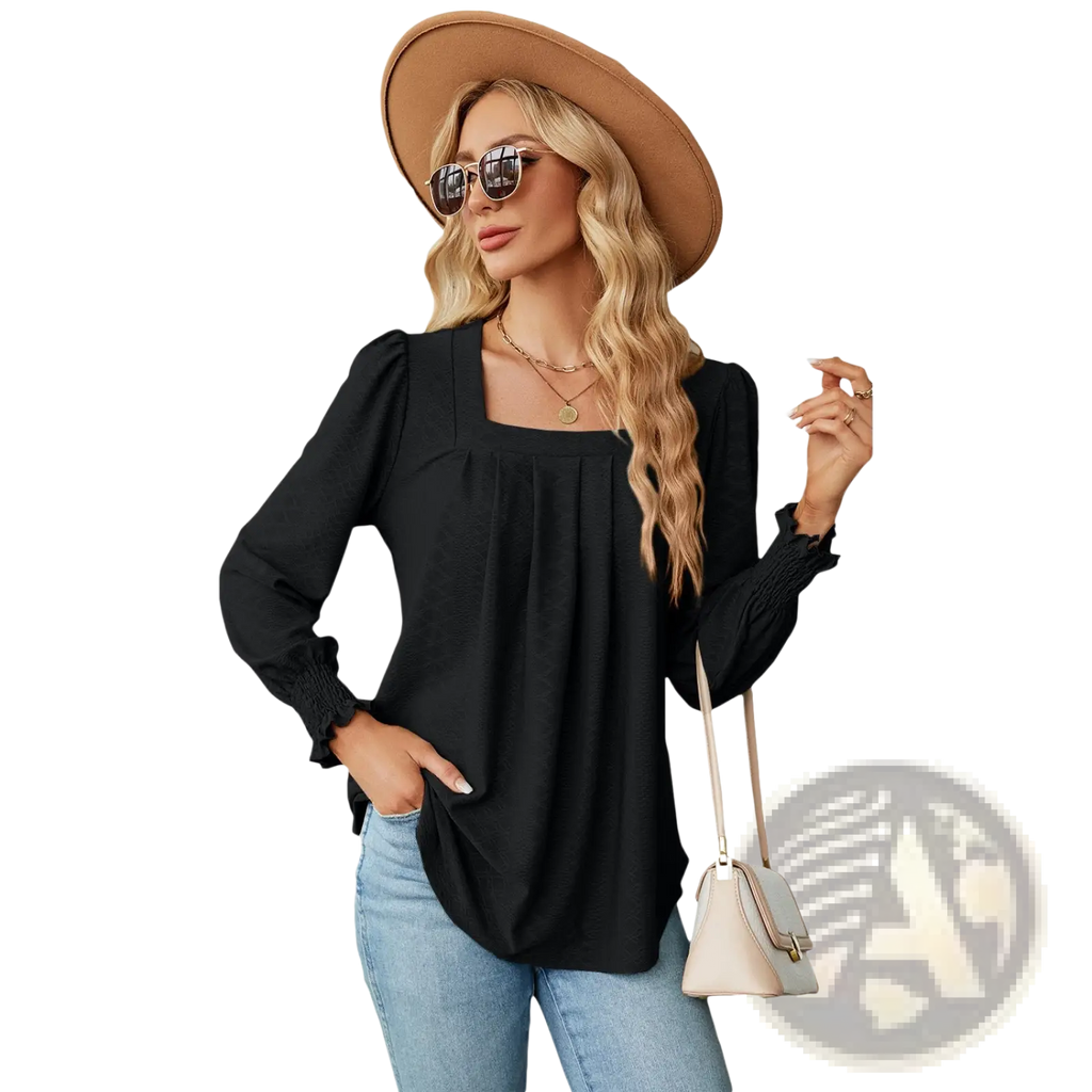 Black jacquard blouse with pleated swallowtail hem ruffled cuffs and square neckline for women