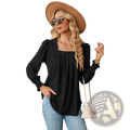 Black jacquard blouse with pleated swallowtail hem ruffled cuffs and square neckline for women