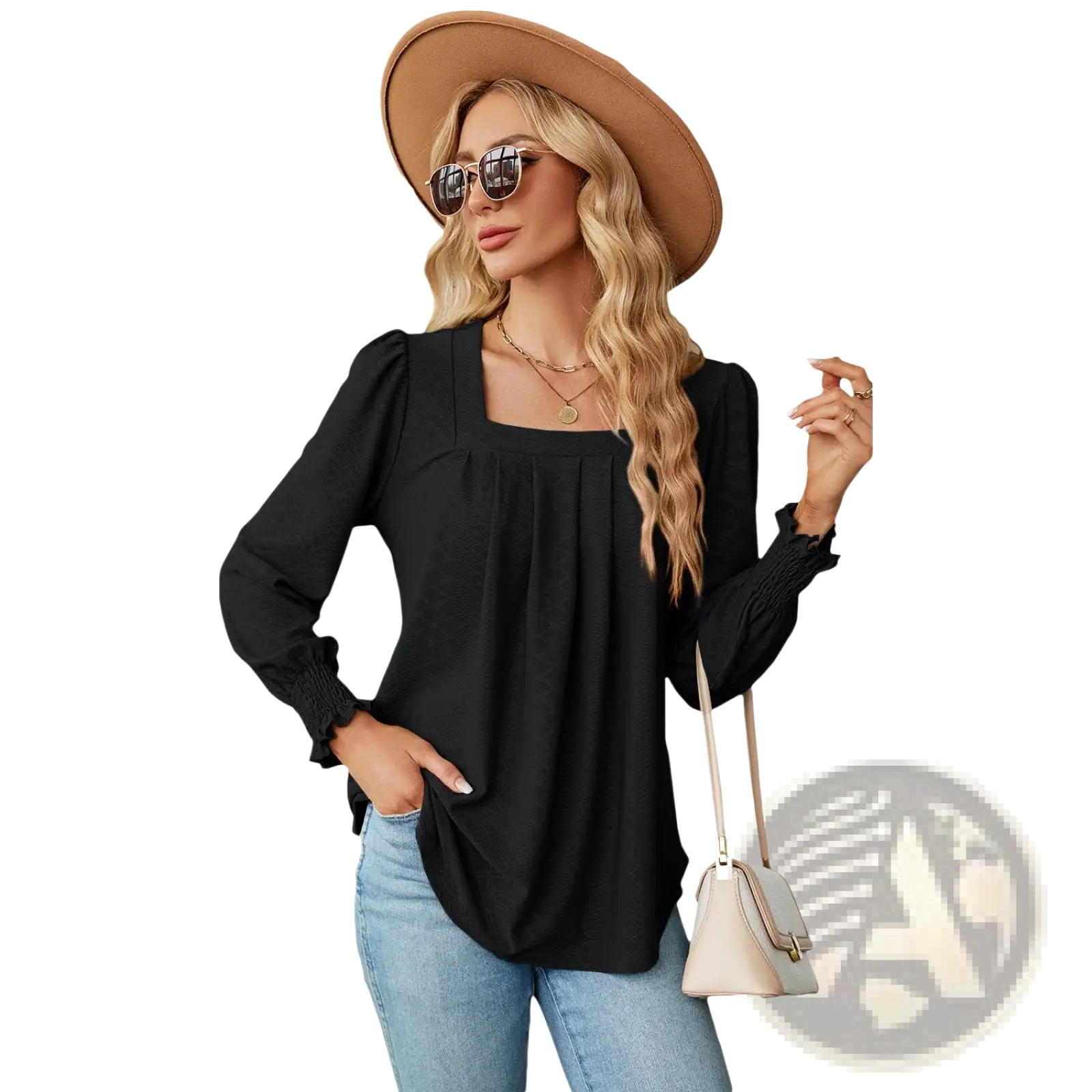 Black jacquard blouse with pleated swallowtail hem ruffled cuffs and square neckline for women