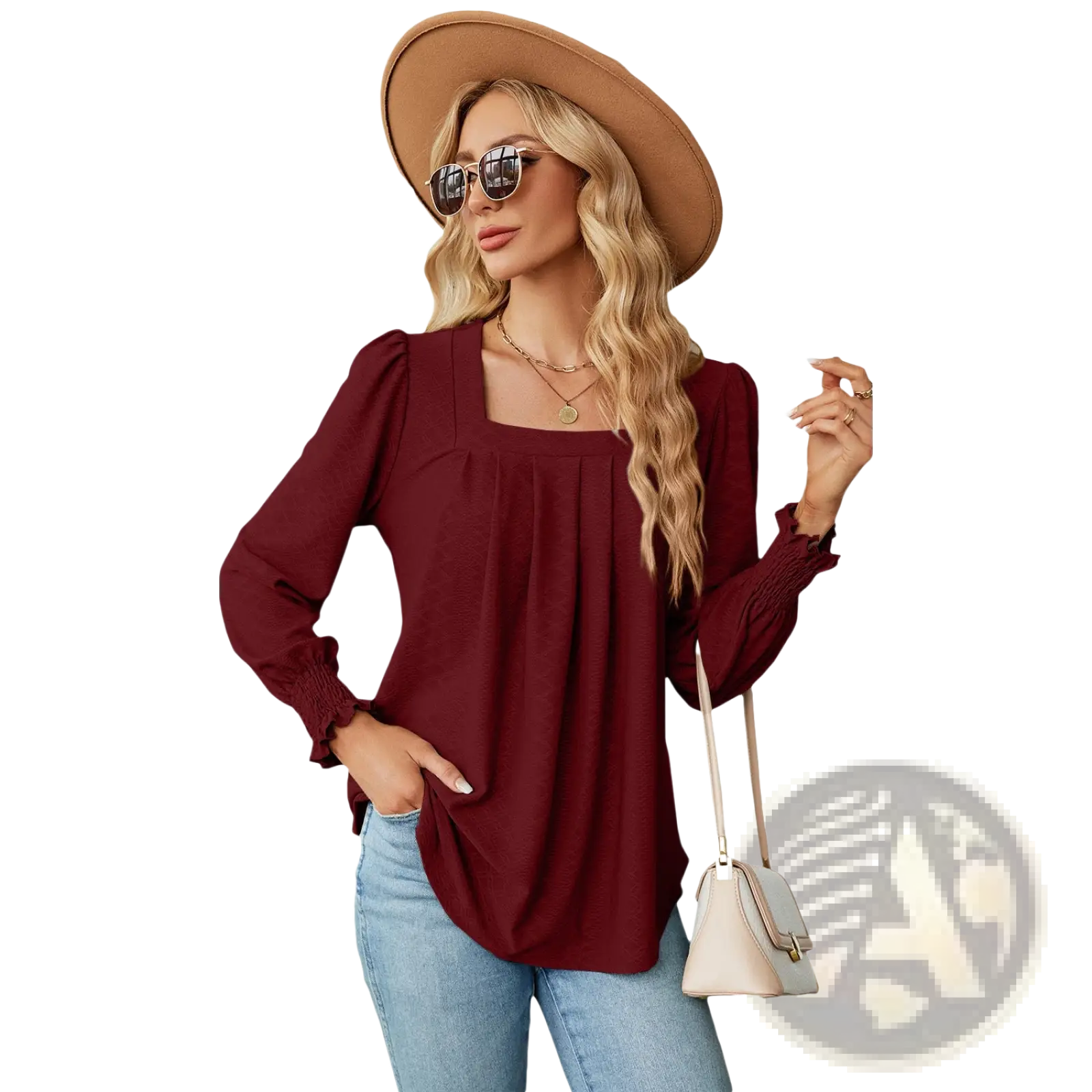 Women’s maroon jacquard blouse with square neckline and ruched cuffs in long sleeves for elegant wear