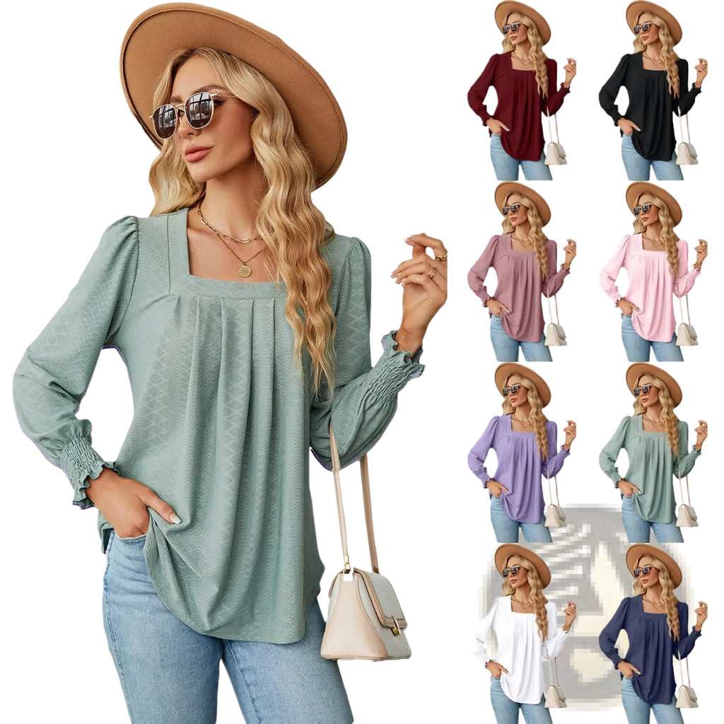 Women’s jacquard mint green long-sleeved blouse with square neckline pleated swallowtail and smocked cuffs