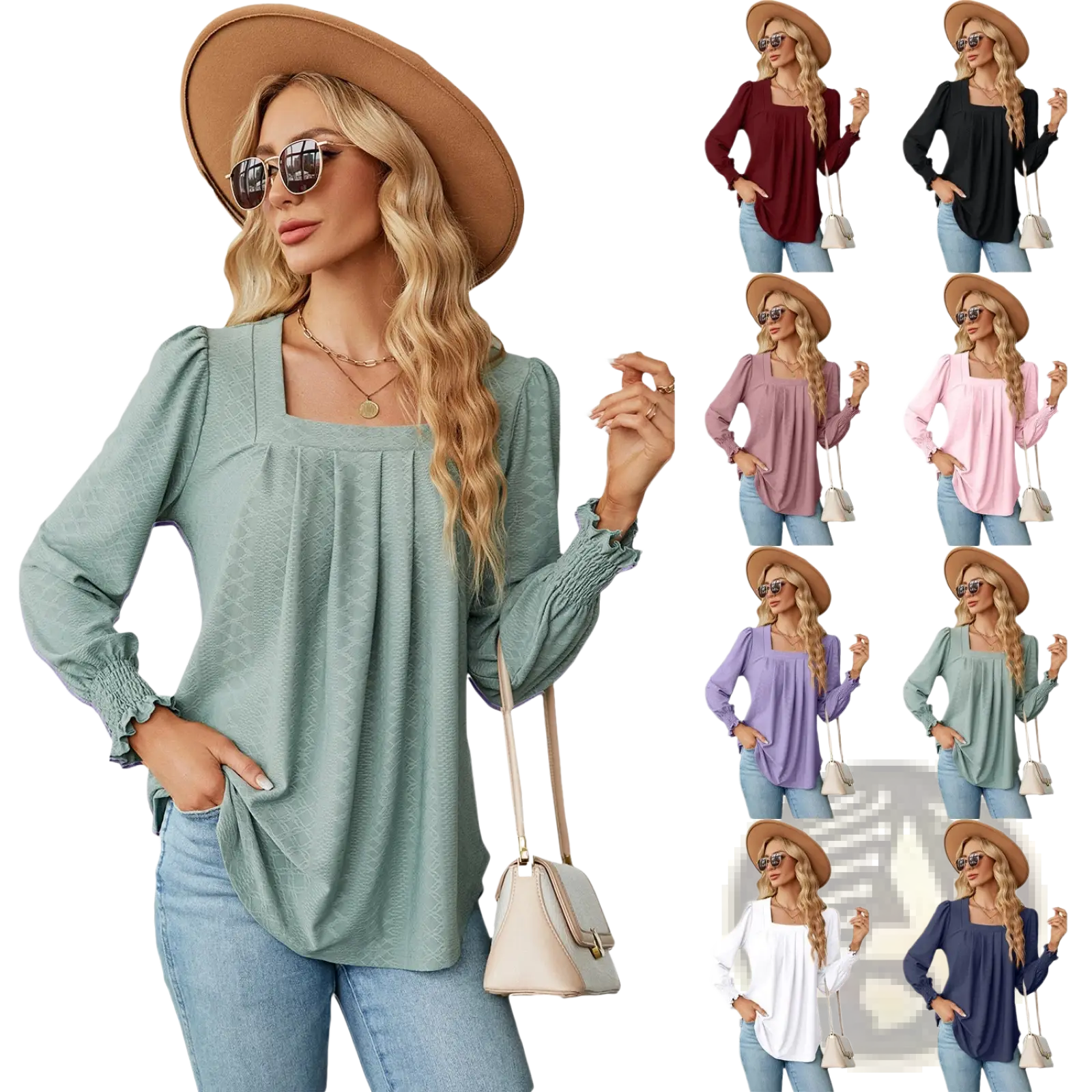 Women’s jacquard mint green long-sleeved blouse with square neckline pleated swallowtail and smocked cuffs