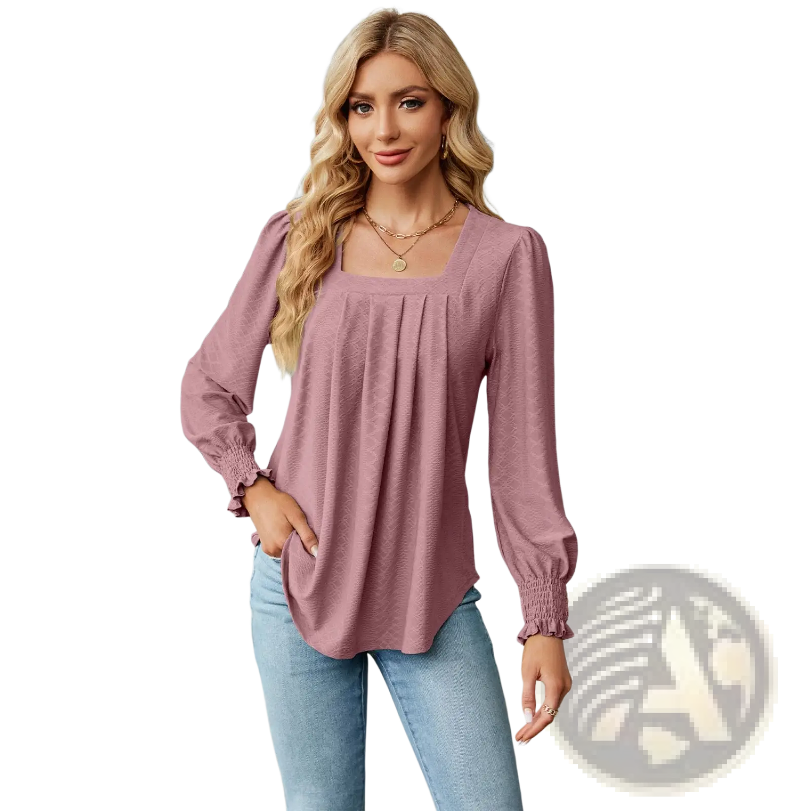 A soft dusty rose women’s jacquard blouse with long sleeves, square neckline, and gathered ruffled cuffs
