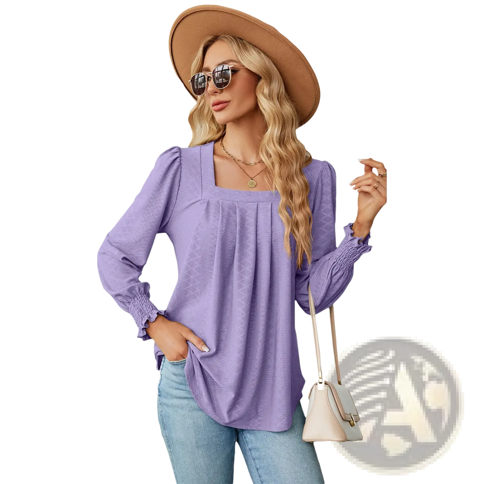 Lavender jacquard long-sleeved blouse with square neckline and pleated swallowtail hem for women