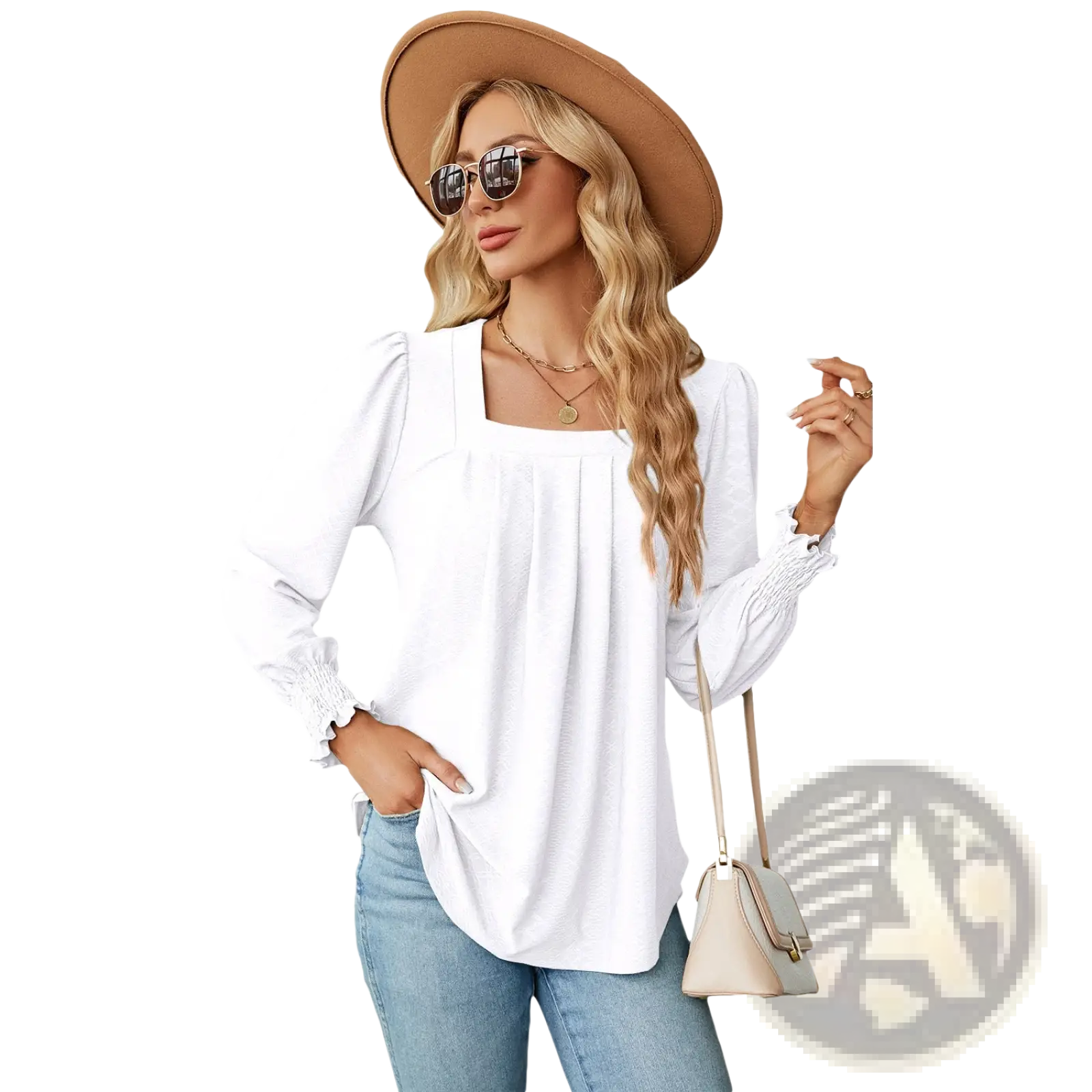 White jacquard long-sleeved blouse with ruffled cuffs and square neckline featuring pleated swallowtail hem