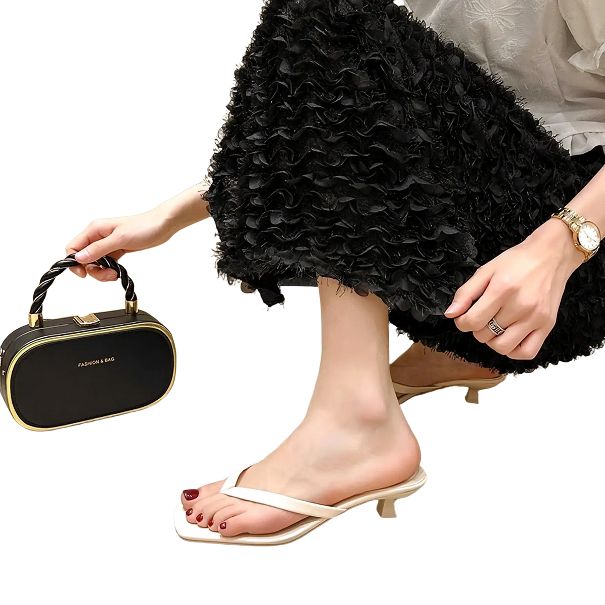 Black and gold rectangular clutch with braided handle paired with womens kitten heel flip flop sandals for elegant use
