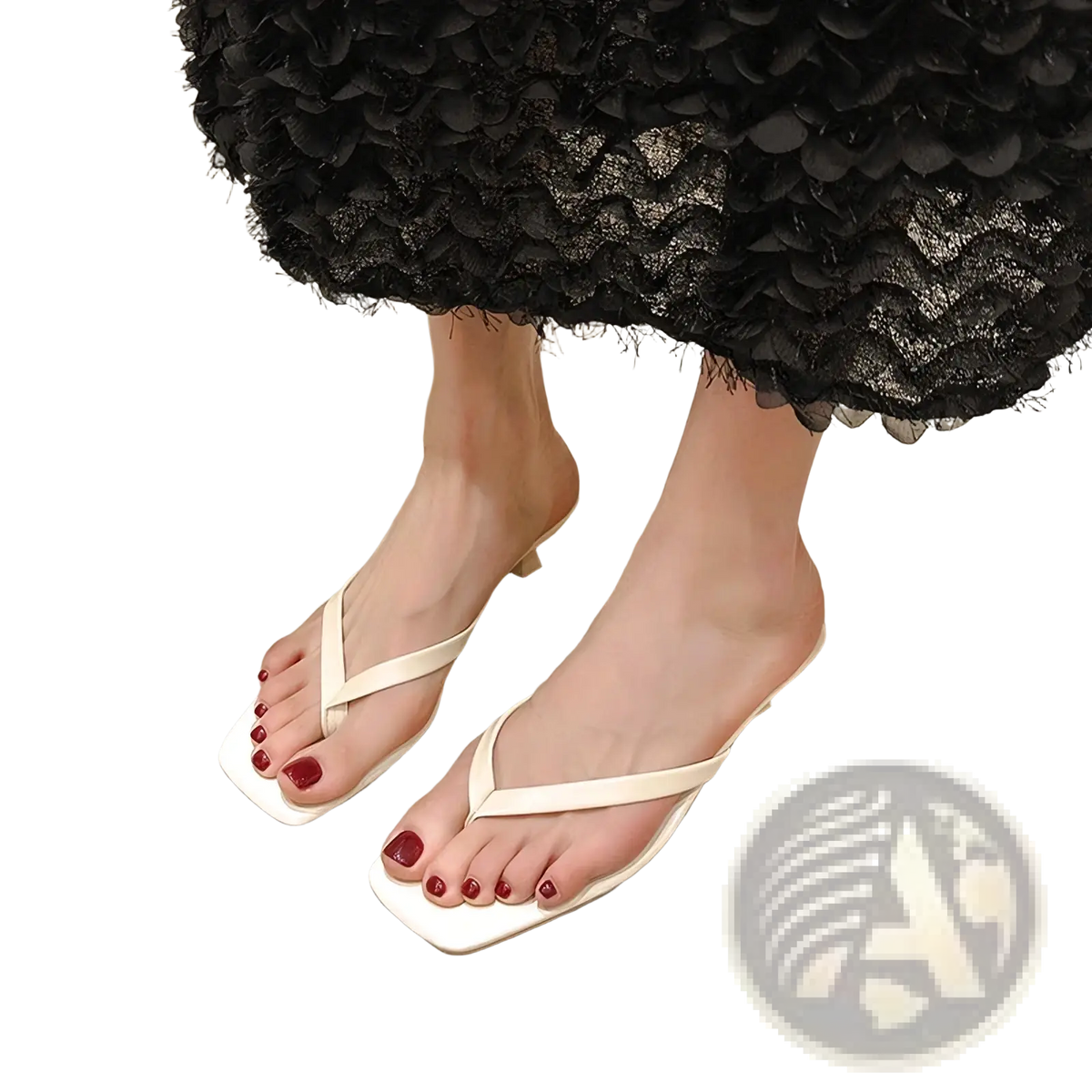 Cream-colored womens kitten heel flip flop sandals with square toe and thin straps for elegant casual wear
