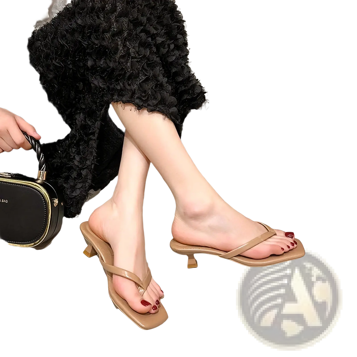 Beige womens kitten heel flip flop sandals with square toe thong design and low block heel for casual wear