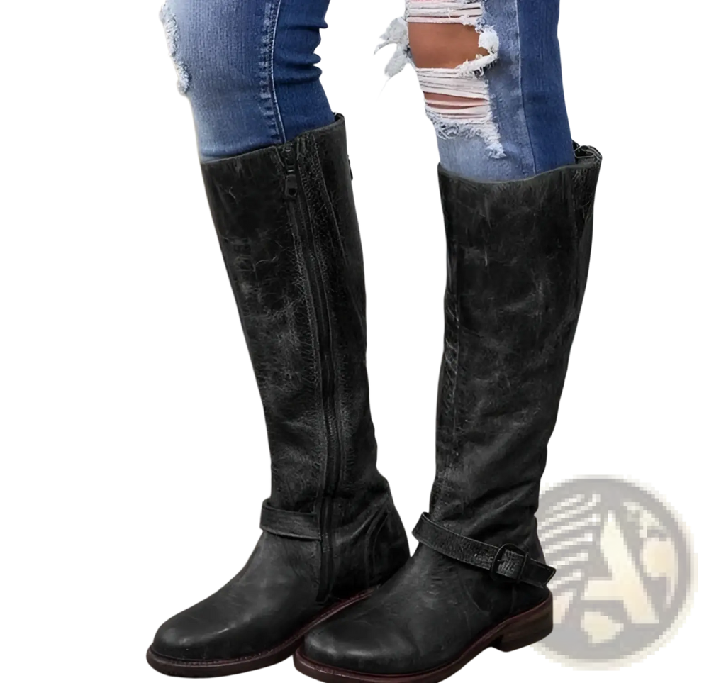 Women’s knee high leather knight boots in dark gray distressed leather with buckle strap and zipper closure