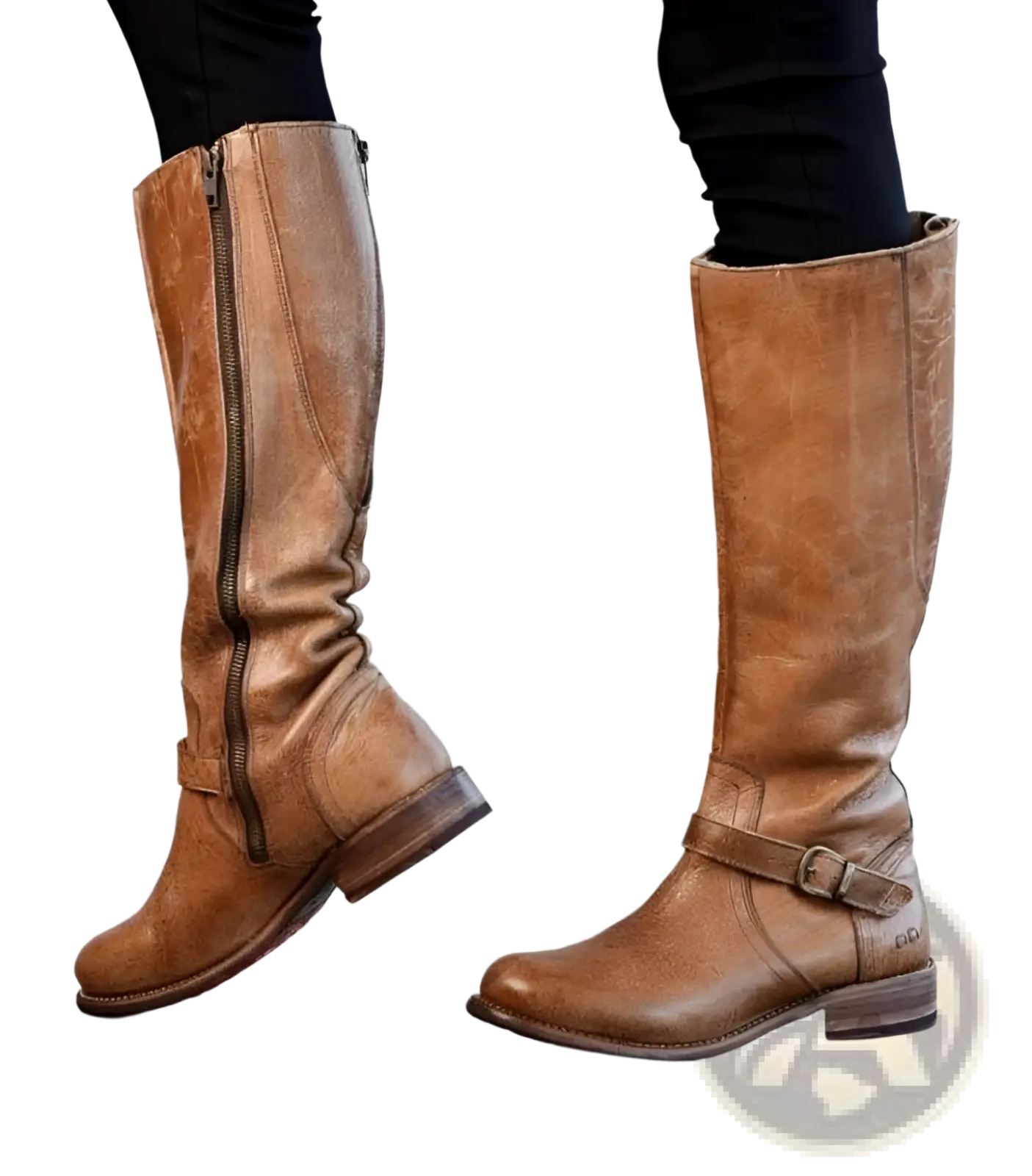 Women’s knee high leather knight boots in tan with side zipper and buckle strap around the ankle