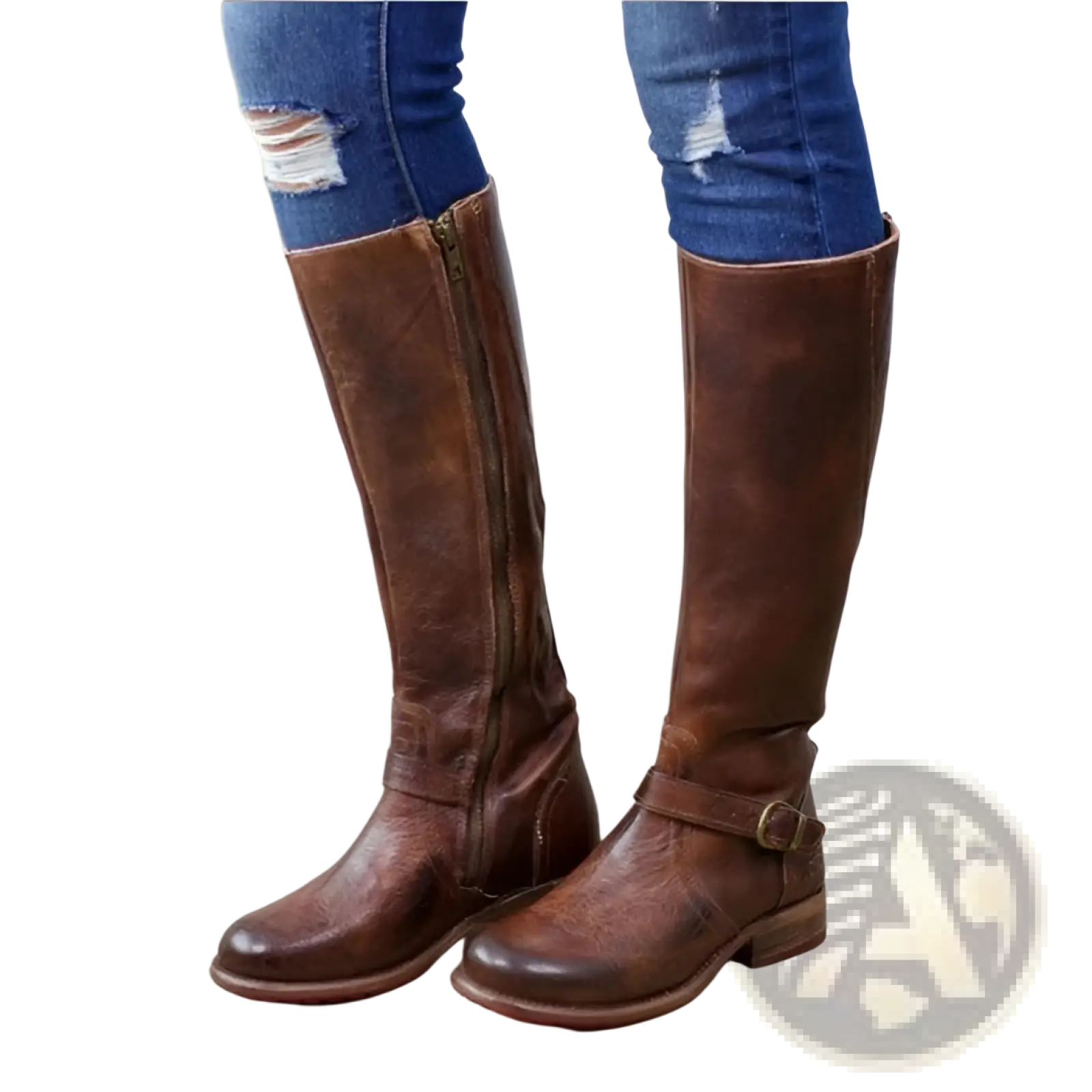 Women’s knee high leather knight boots in brown with side zipper and ankle buckle strap detail