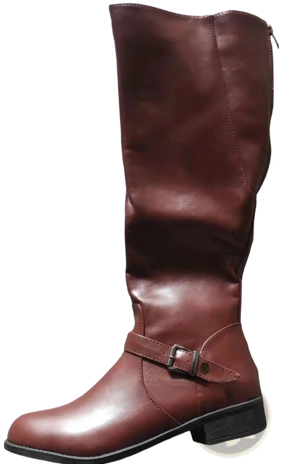 Women’s knee high leather knight boots in brown featuring buckle straps and zipper closure for easy wear