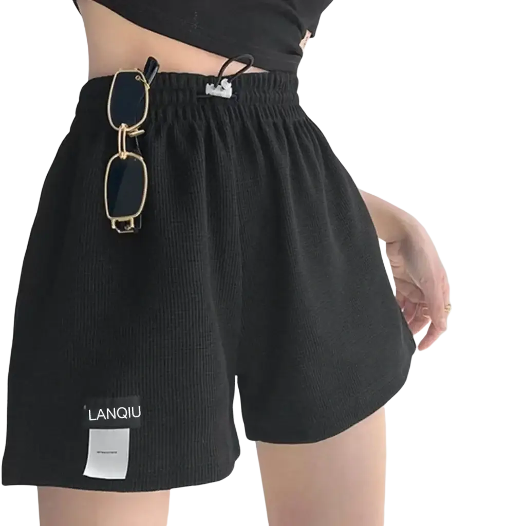 Black corduroy women’s knit shorts with white lanqiu label featuring fabric composition suitable for casual summer wear