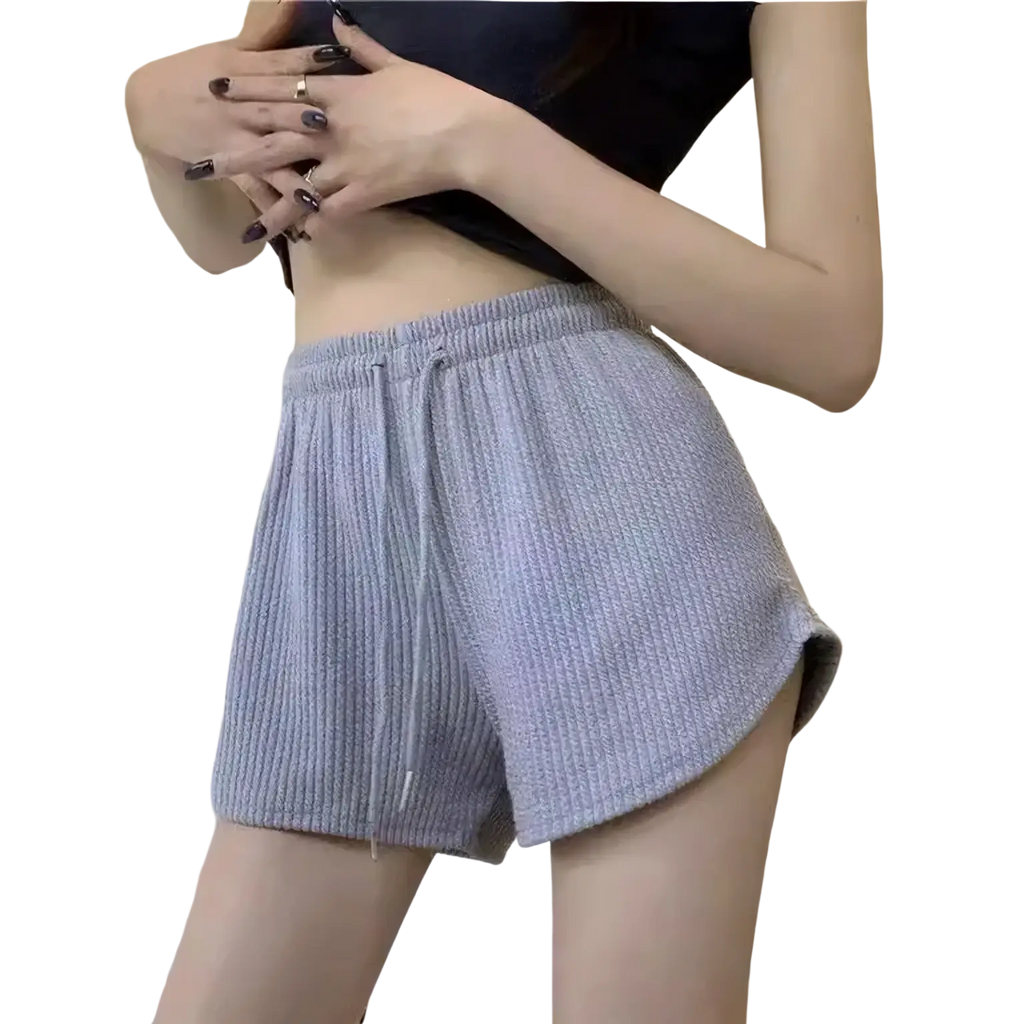 Women’s light gray ribbed knit shorts with drawstring waistband featuring soft cotton blend fabric composition for summer wear