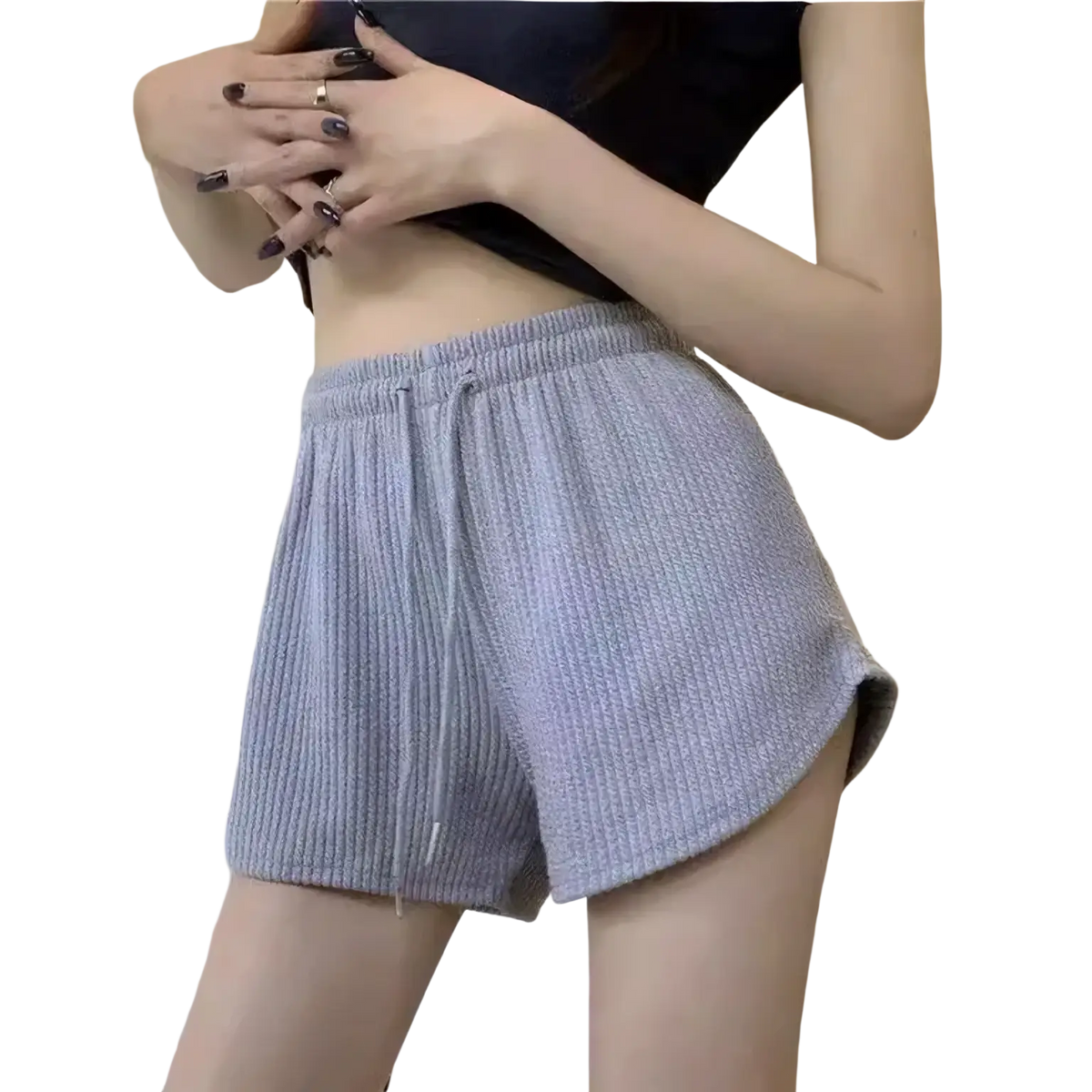 Women’s light gray ribbed knit shorts with drawstring waistband featuring soft cotton blend fabric composition for summer wear