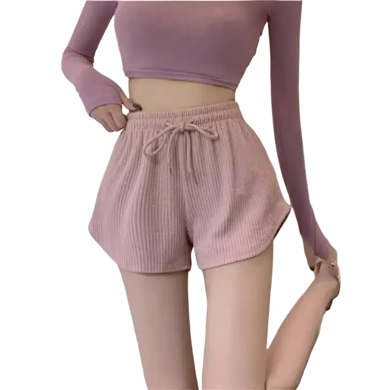 Women’s casual high waist summer knit shorts in pink ribbed corduroy with drawstring waistband main fabric composition
