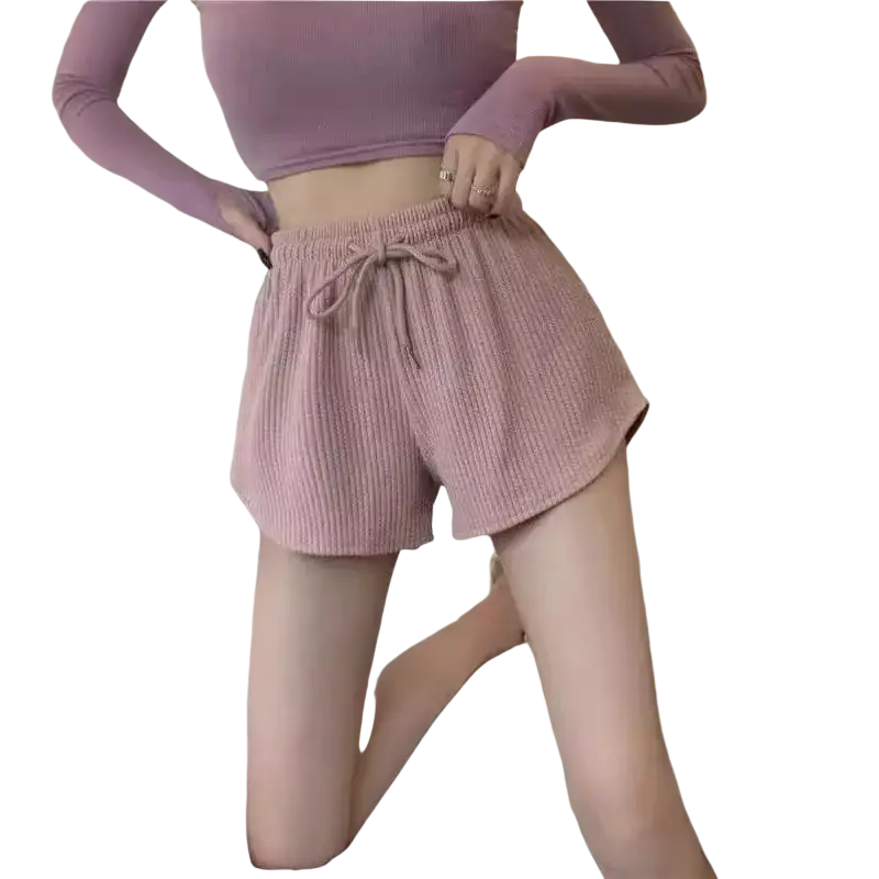 Soft lavender women’s knit shorts with ribbed texture and drawstring waistband made from breathable fabric composition for summer