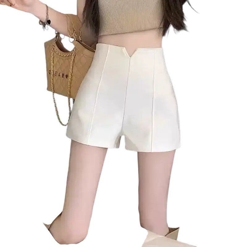 White women’s knit shorts with a high waist and tailored design featuring subtle vertical seams and main fabric composition