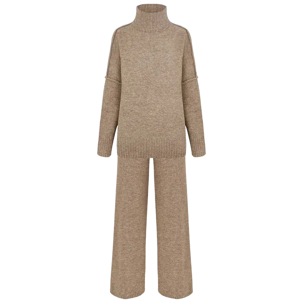Beige knit two piece sweater set featuring a turtleneck sweater and matching wide-leg pants for women