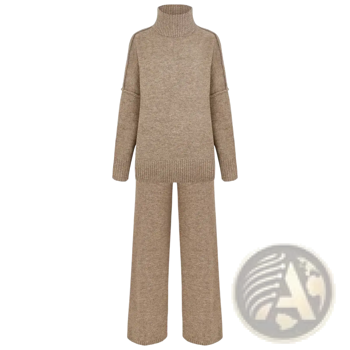 Beige knit two piece sweater set featuring a turtleneck sweater and matching wide-leg pants for women