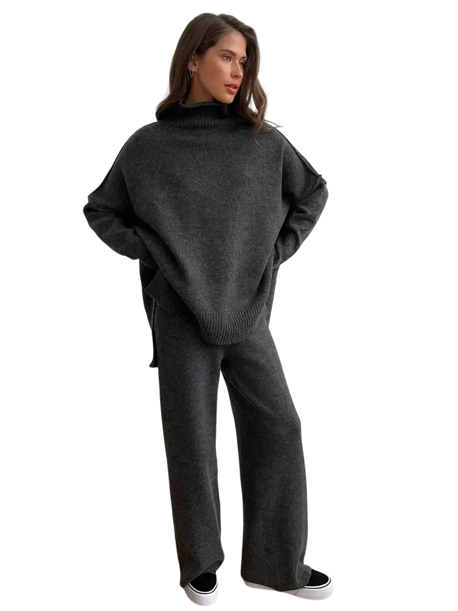 Women’s knit two piece sweater set featuring a cozy dark gray oversized knit sweater with high turtleneck and wide sleeves