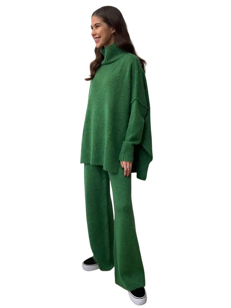 Women’s knit two piece sweater set in deep green featuring a cozy oversized turtleneck sweater and matching flared pants