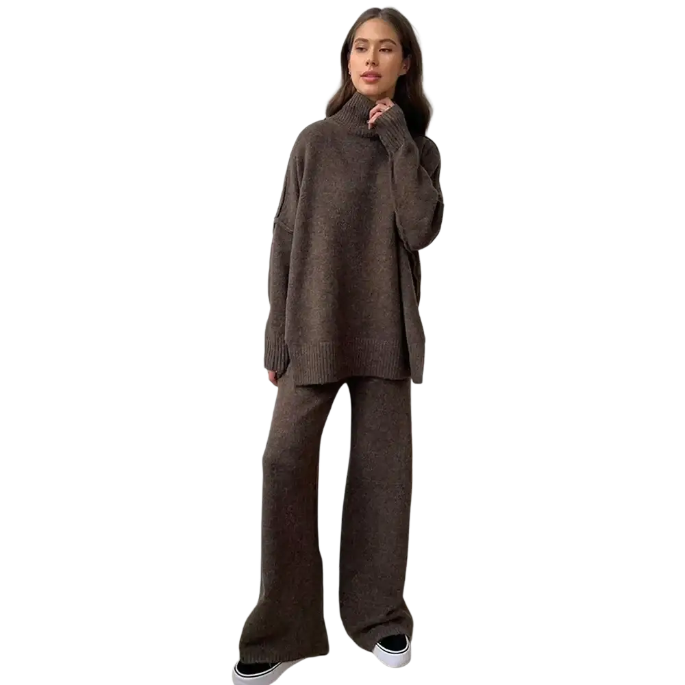 A cozy oversized brown knit turtleneck sweater with a subtle textured pattern in women’s knit two piece set