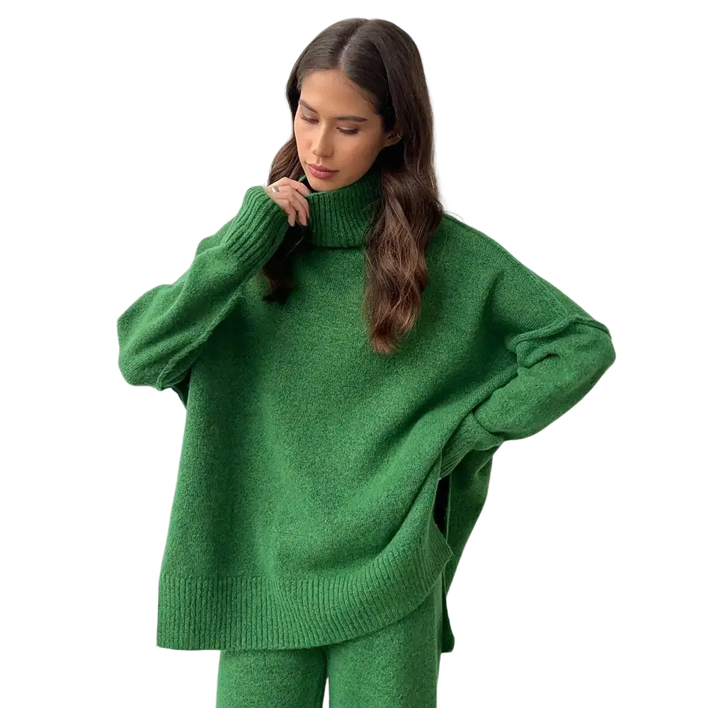 Women’s knit two piece sweater set featuring a cozy vibrant green turtleneck with soft textured knit and ribbed cuffs