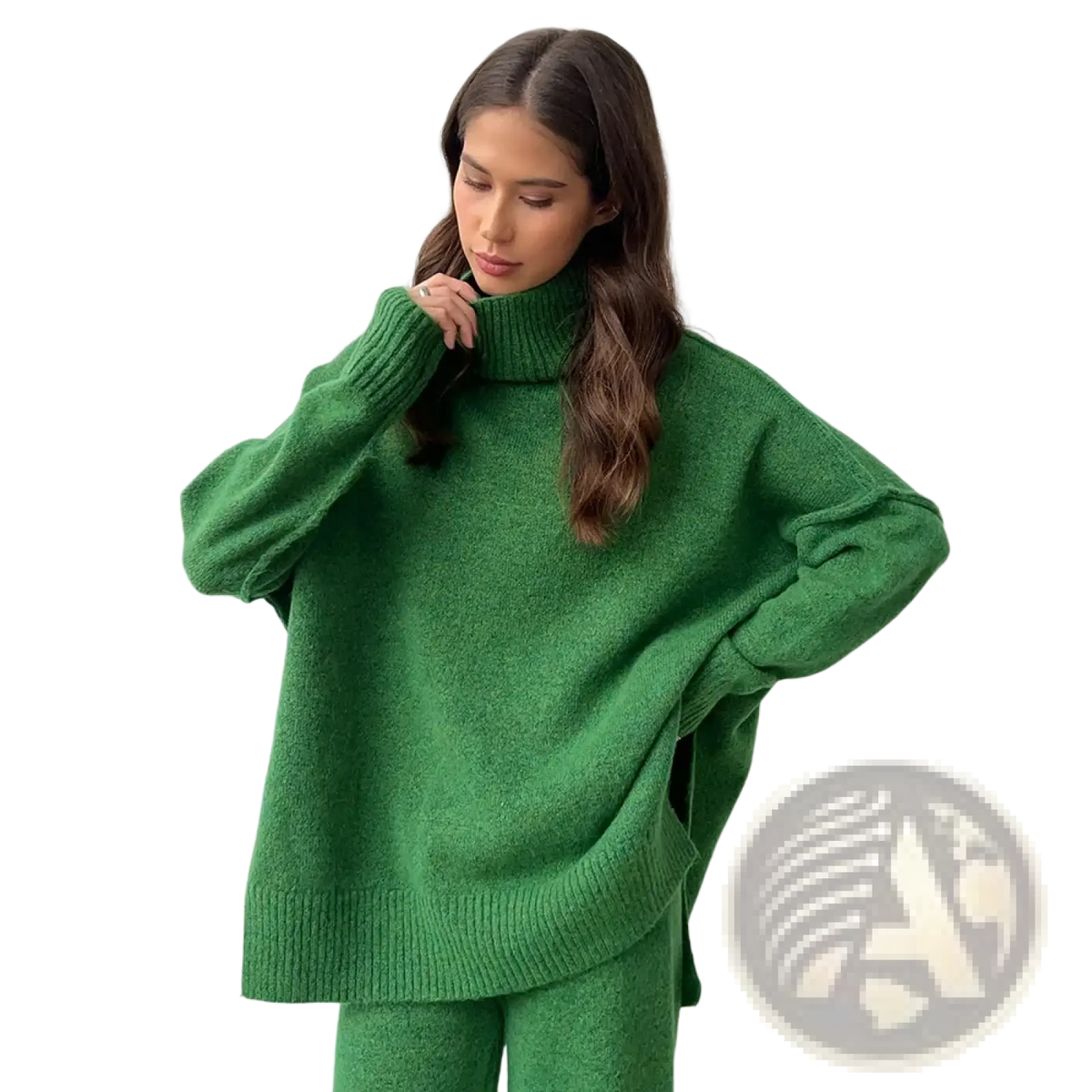 Women’s knit two piece sweater set featuring a cozy vibrant green turtleneck with soft textured knit and ribbed cuffs