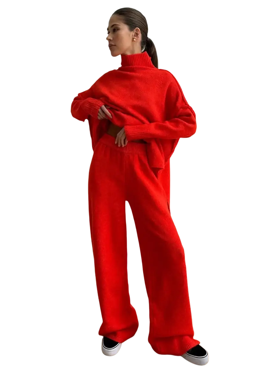 Women’s knit two piece sweater set featuring a vibrant red oversized knit turtleneck with loose sleeves and ribbed hem