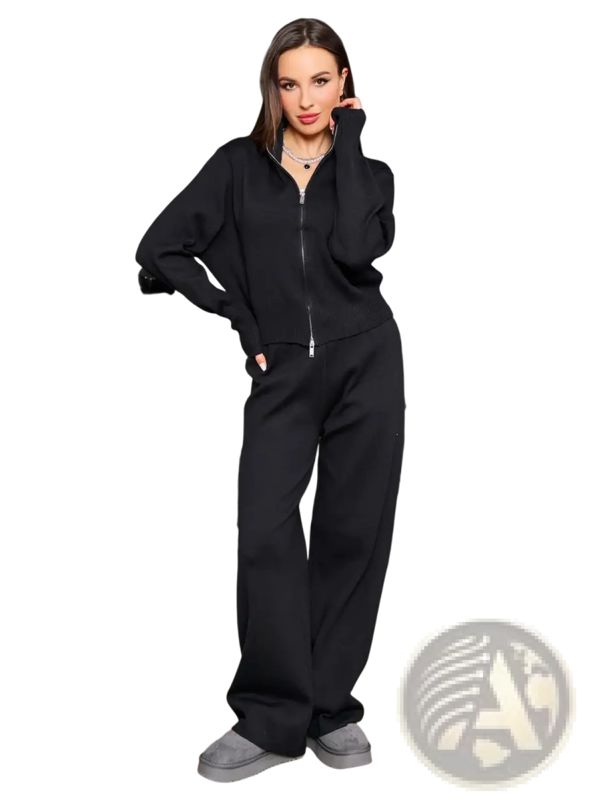 Black knit zip up cardigan and wide leg pant set with relaxed fit and ribbed cuffs for women