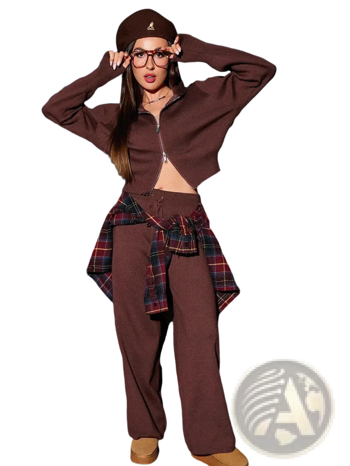 Brown knit cropped zip-up top with front zipper and ribbed cuffs from women’s knit zip up cardigan and wide leg pant set