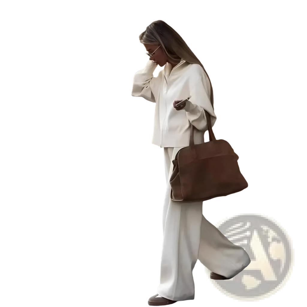 Brown leather tote bag with top handle and structured shape paired with women’s knit zip up cardigan and wide leg pant set