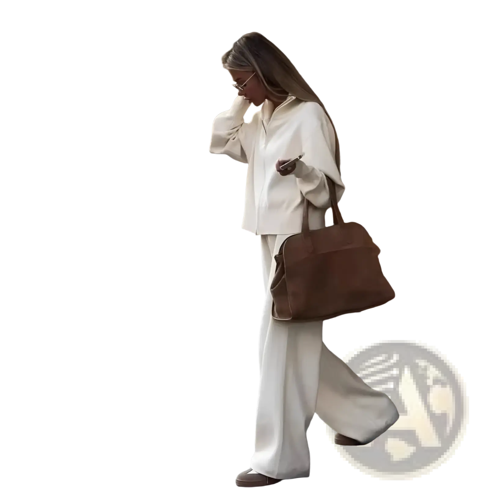 Brown leather tote bag with top handle and structured shape paired with women’s knit zip up cardigan and wide leg pant set