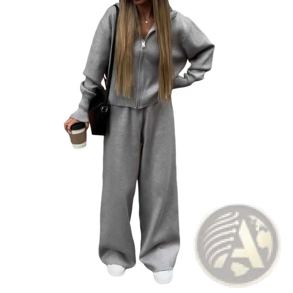 Women’s gray knit zip up cardigan and wide leg pant set featuring a cozy zip-up hoodie and matching pants
